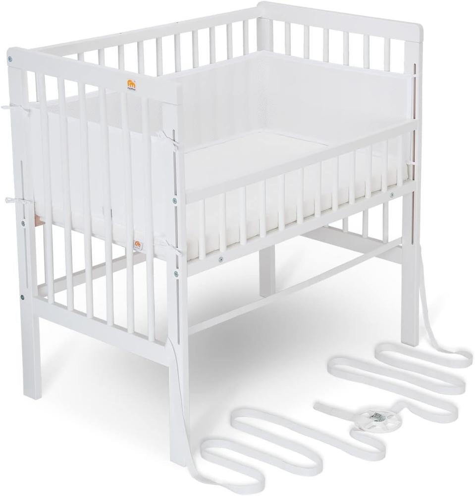 FabiMax Baby Beistellbett für Boxspringbett, TÜV geprüft 2022, inkl. Matratze und Nestchen aus Netzstoff, Buche massiv weiß, Comfort/weiß Bild 1