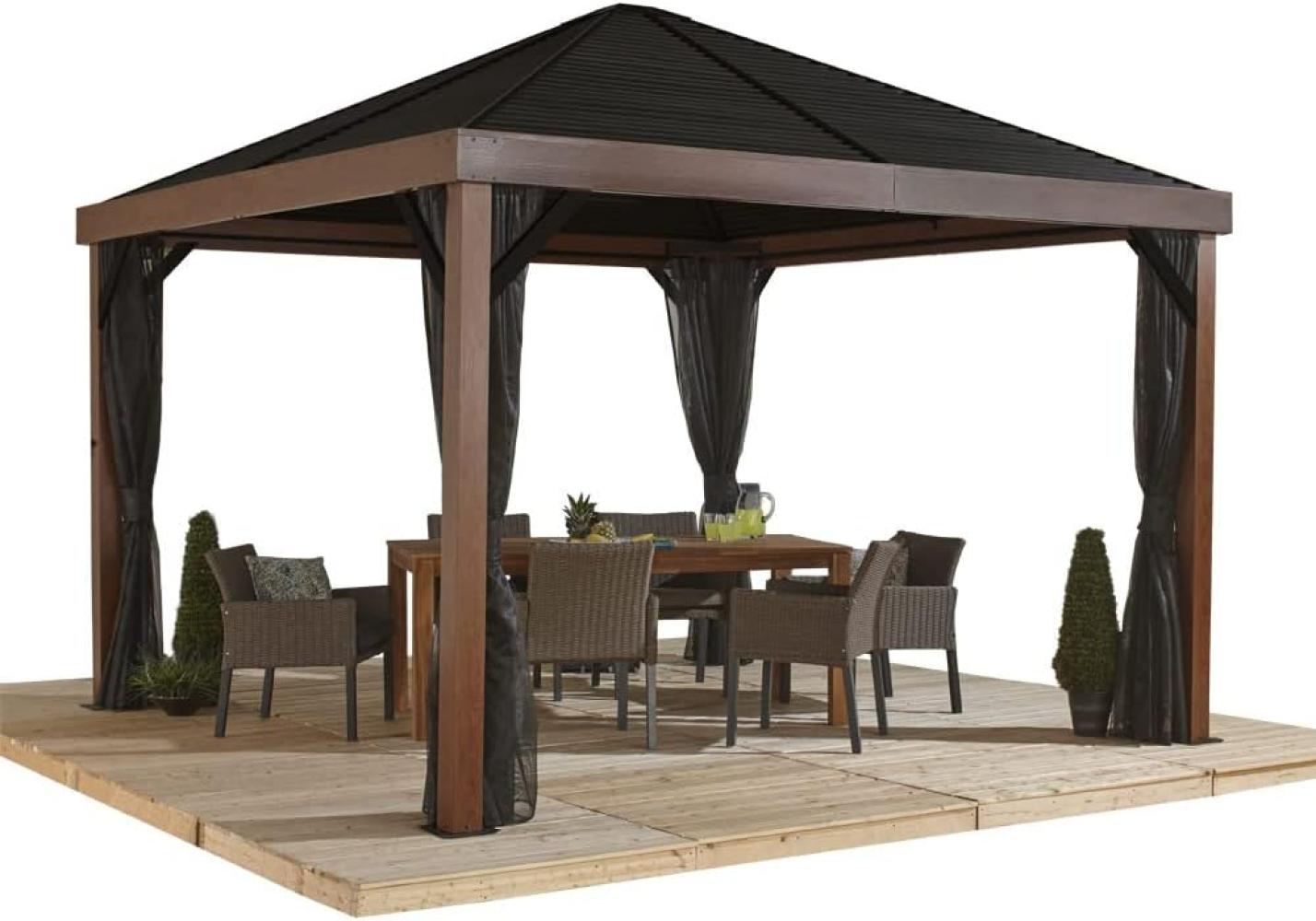 Sojag Aluminium Pavillon Valencia 1212 inkl. Moskitonetz Holzoptik | Braun | 363x363x310 cm Bild 1