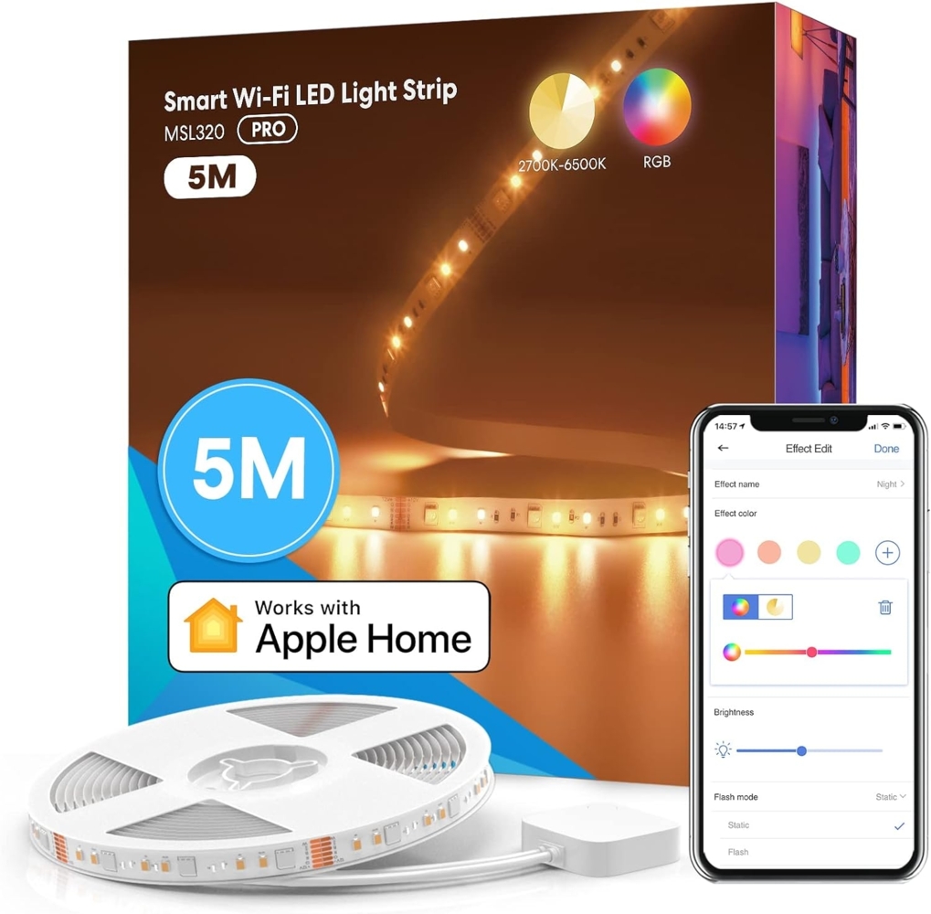 meross Led Strip 5m funktioniert mit Apple HomeKit, WLAN Led Streifen, Smart RGBWW Strip kompatibel mit Alexa und Google, für Zuhause, Party, Weihnachten Bild 1