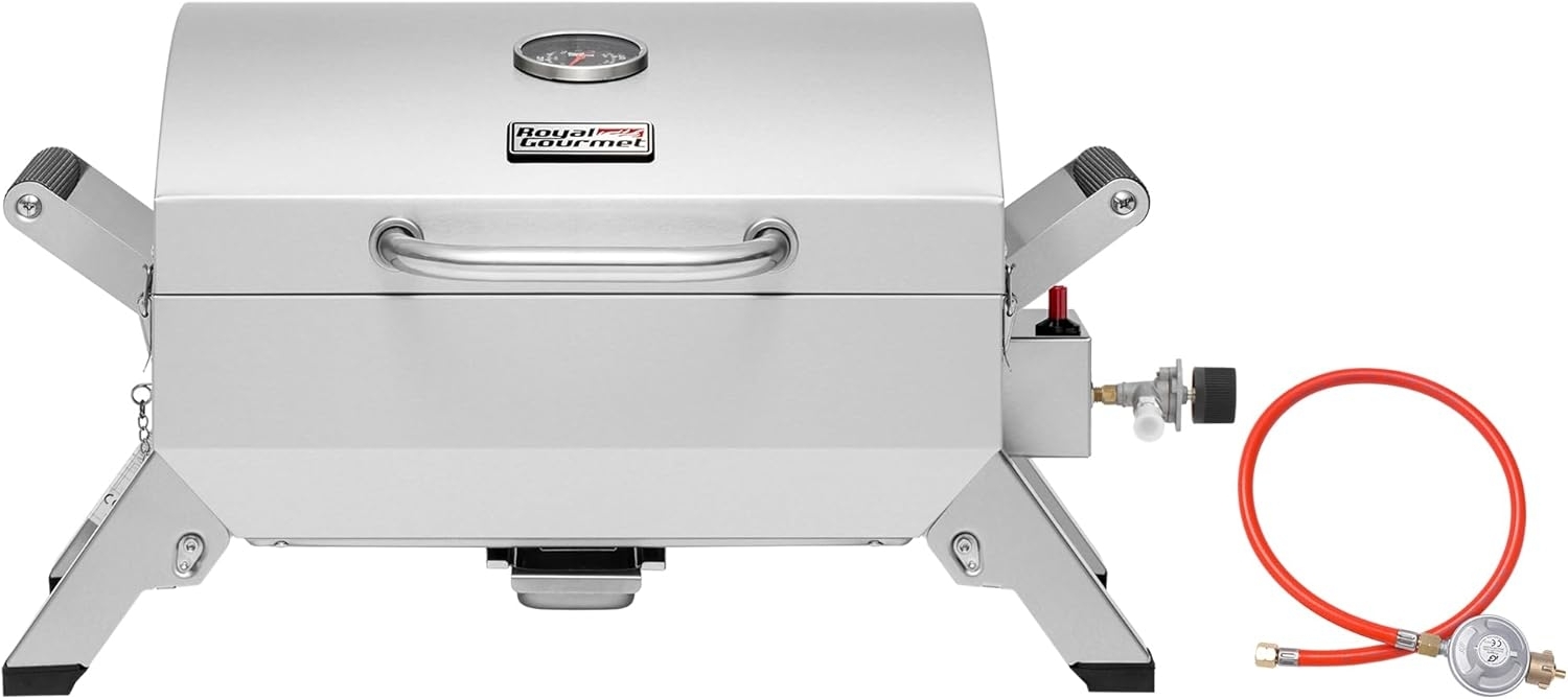 Royal Gourmet Edelstahl Tragbarer Gasgrill, Compact Tischgrill mit Zwei Griffen und Reiseschlössern, Klappbaren Beinen, 3 kW BBQ Campinggrill für Balkon, Picknick Silber Bild 1