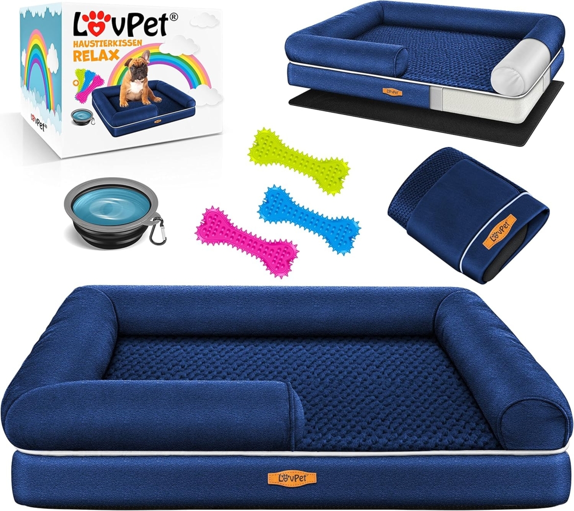 LovPet® Orthopädisches Hundebett inkl. Napf + 3X Kauknochen, Plüsch / Cotton navyblau, M (91 x 71 x 25 cm) Bild 1