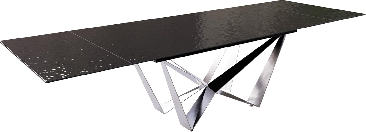 Esstisch Edge 200-300x100 Reliefglas Rauchschwarz 3D-Design Spider Flachstahl Edelstahl ausziehbar Bild 1