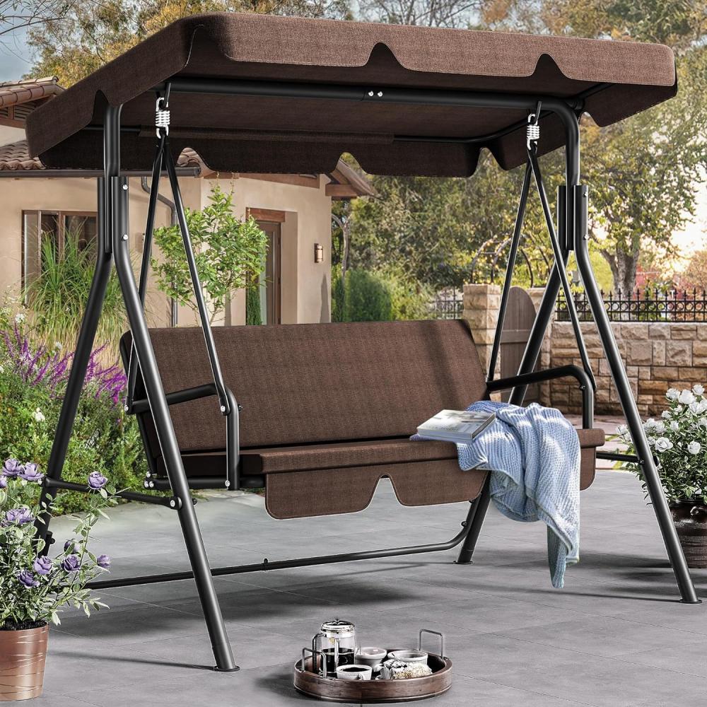 YITAHOME Hollywoodschaukel, 3 Sitzer Outdoor Hollywoodschaukeln mit Liegefunktion, Metall Gartenschaukel mit Verstellbarem Sonnendach & Abnehmbarem Kissen für Erwachsene,270KG Belastbar,Braun Bild 1