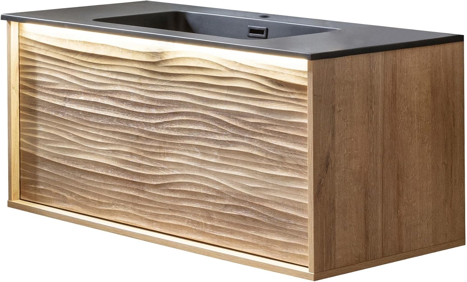 LANZET DUNE Waschbecken mit Unterschrank 101 cm breit, Braun hell, Waschbecken Gussmarmor Weiß, inkl. LED Beleuchtung Bild 1