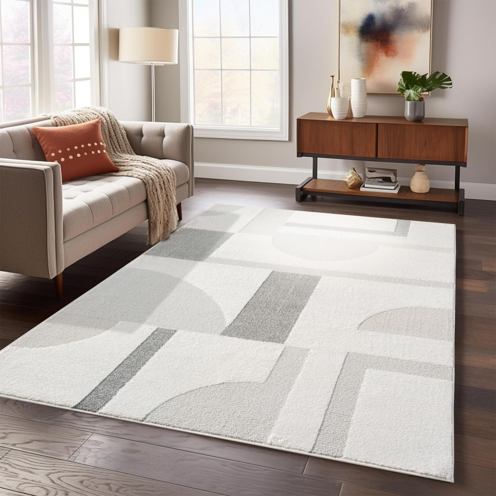 Teppich Rund 120x120cm - Creme-Grau Geometrische Muster Boho Design Flachflor Hochtief Struktur Bodenbelag Deko Bild 1