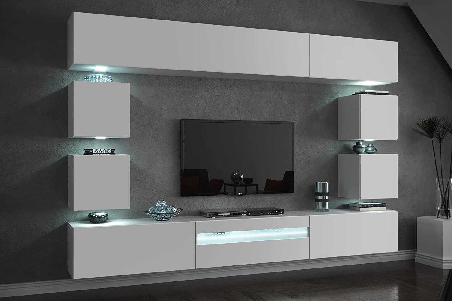 Furnitech Future C81 Wohnzimmer Wandschrank Mediawand mit Led Beleuchtung Schrankwand Wohnwand Möbel (LED weiß, C81-18W-M4 1B Matt) Bild 1