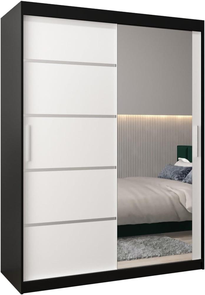 Schwebetürenschrank Verona 2-150 cm mit Spiegel Kleiderschrank mit Kleiderstange und Einlegeboden Schlafzimmer- Wohnzimmerschrank Schiebetüren Modern Design (Schwarz + Weiß) Bild 1