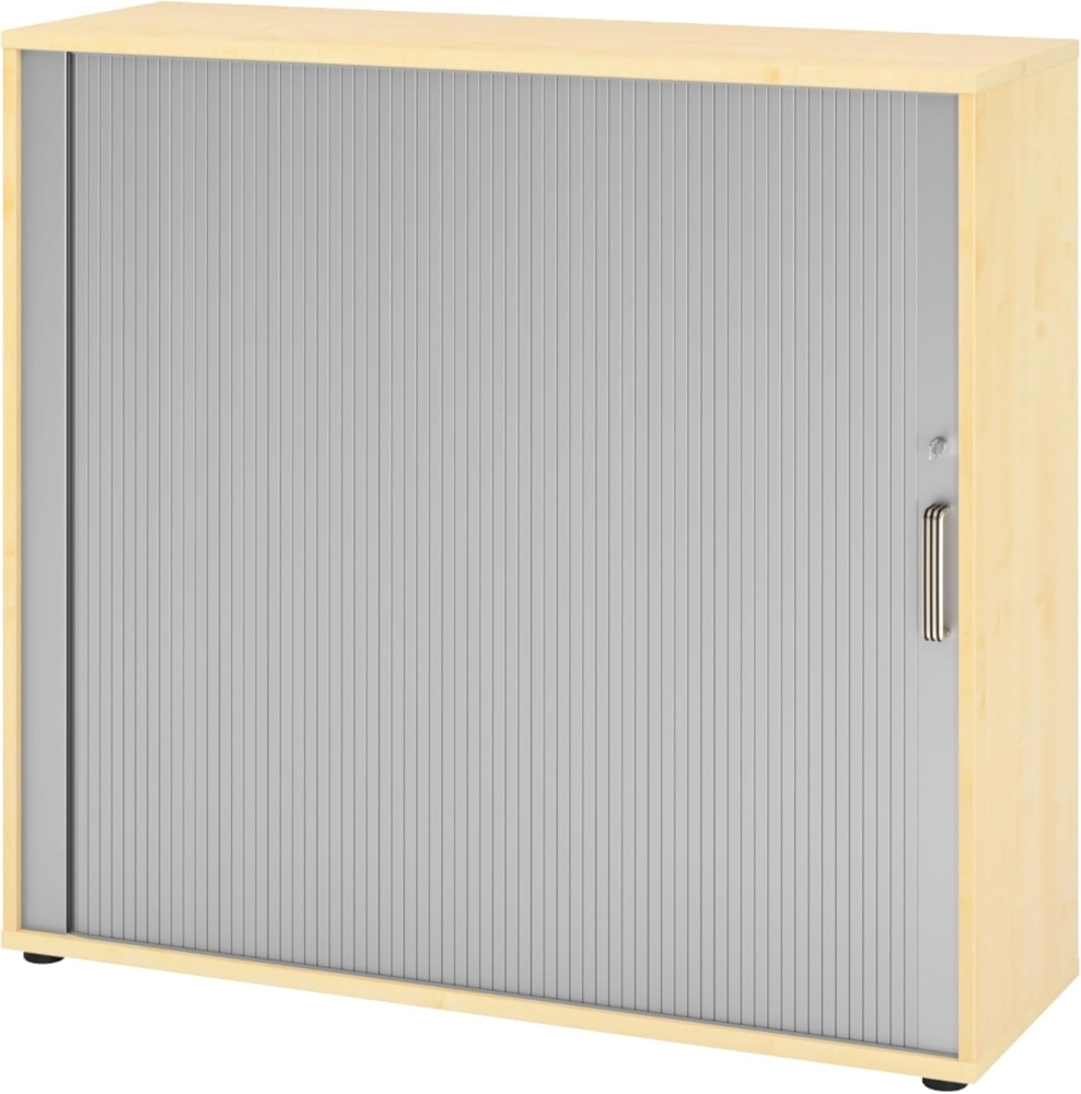 bümö Aktenschrank abschließbar mit Rollladen, Rollladenschrank für Ordner & Co. - Büroschrank mit Rollo, abschließbarer Ordnerschrank aus Holz in Ahorn/Silber mit Streifengriff, 1733S-3-S-SG Bild 1