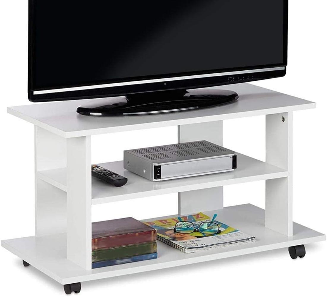 BAKAJI TV-Schrank aus MDF-Holz mit 2 Einlegeböden für Videospiele DVDs und 4 Rollen, modernes Design, Größe 80 x 40 x 45 cm (weiß) Bild 1