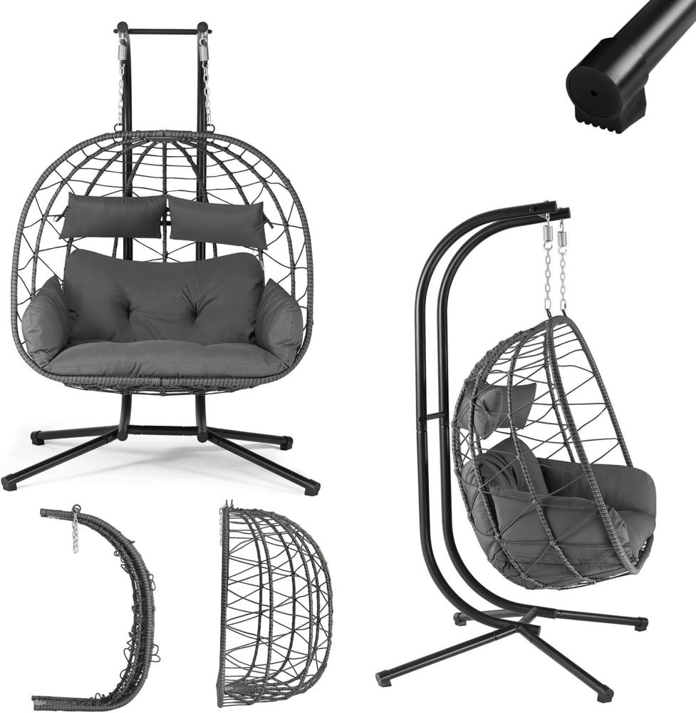 Juskys Doppelhängesessel Aria - Polyrattan Hängesessel mit Gestell & Kissen - Schaukel für zwei Personen - Outdoor Indoor Sessel - XXL Korb Grau Bild 1