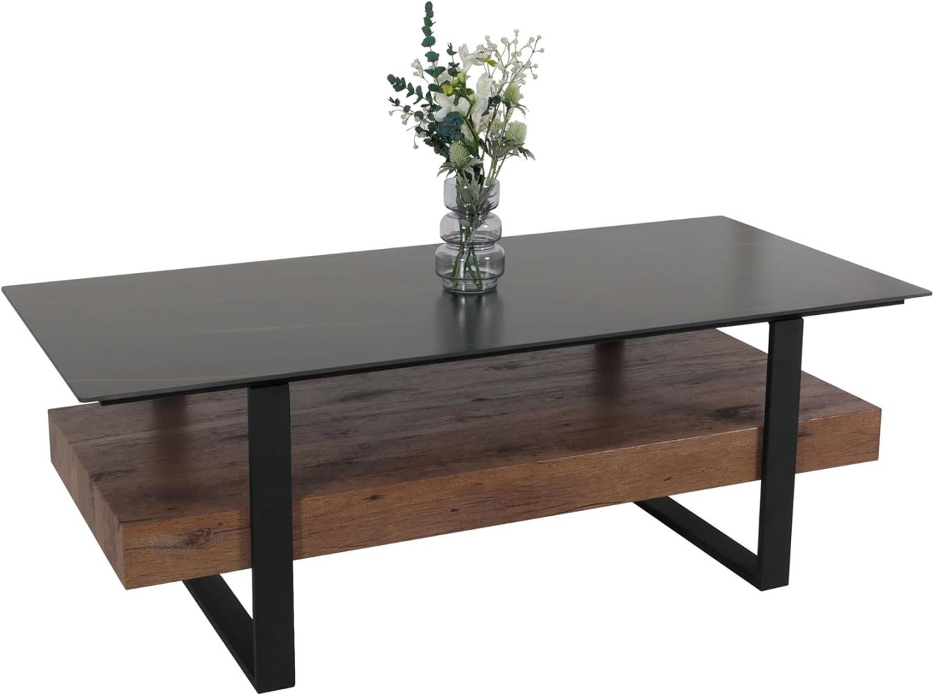 Couchtisch HWC-L88, Wohnzimmertisch Tisch, Ablage Eisen 43x120x60cm Sinterstein Marmor-Optik schwarz Holz dunkelbraun Bild 1