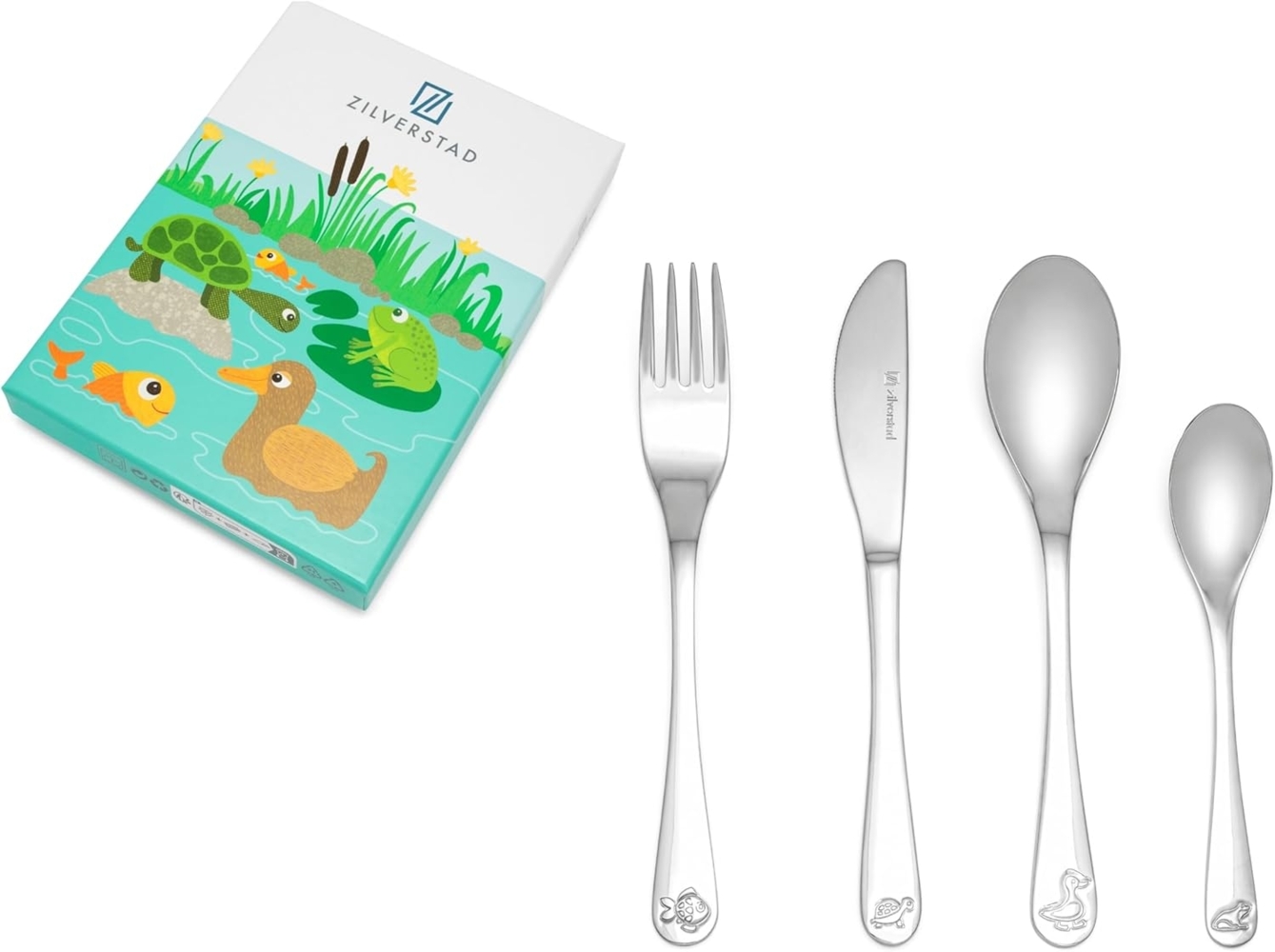 Zilverstad Kinderbesteck "Gartenteichtiere" 4-teilig Edelstahl rostfrei Bild 1