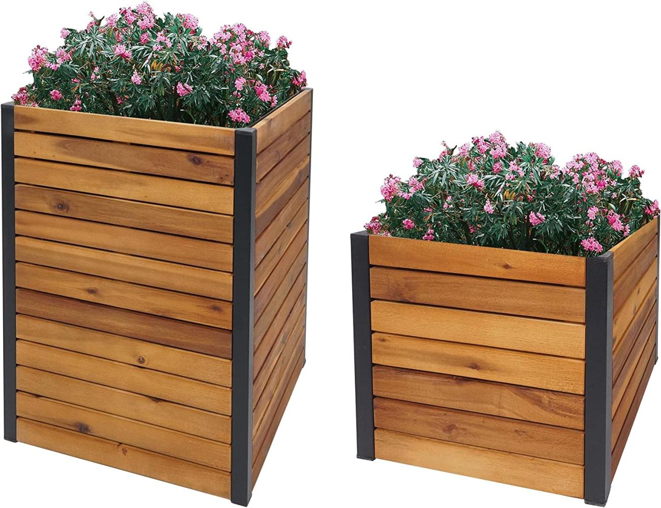 2er-Set Pflanzkasten HWC-L23, Hochbeet Pflanzkübel Blumenkasten, Outdoor Akazie Holz FSC®-zertifiziert Aluminium braun Bild 1