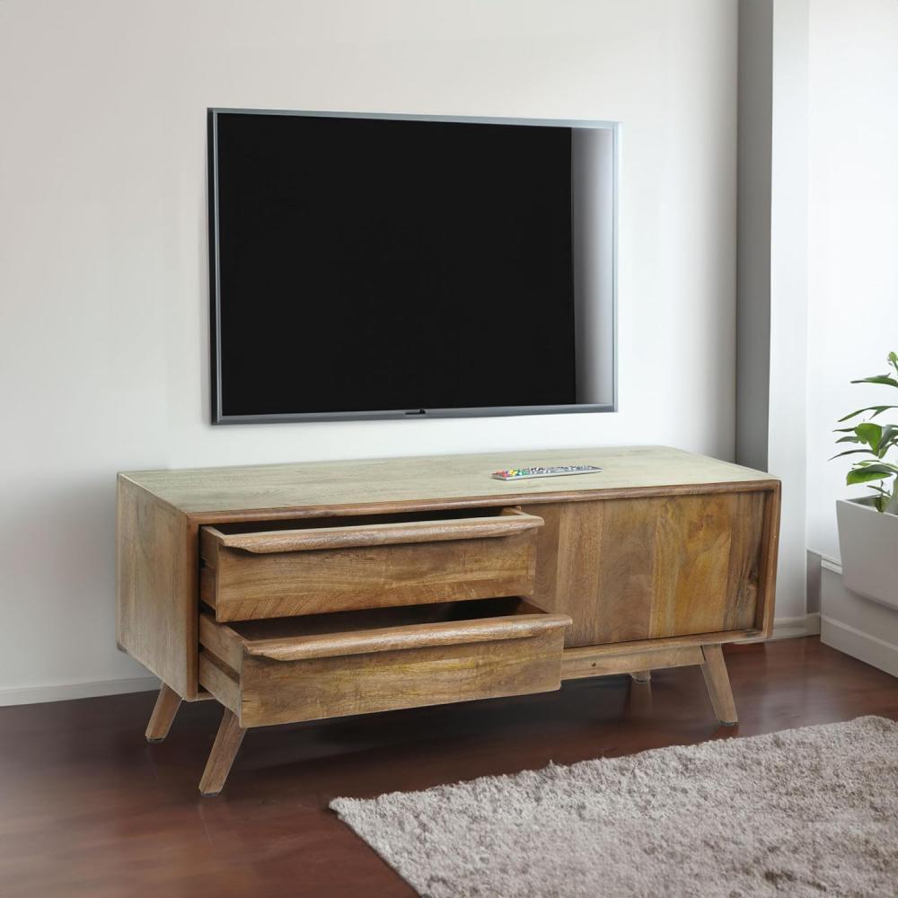 TV-Rack HWC-L96, Fernsehtisch Lowboard Kommode Schrank, Schubladen Massiv-Holz Mango 46x110x35cm MVG-zertifiziert Bild 1