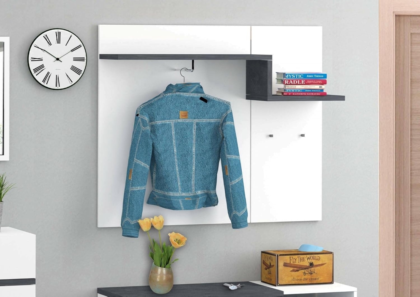 Dmora - Eingangsmöbel Ezio, moderner Multifunktionseingang, Mehrzweckschrank für die Eingangshalle, 100 % Made in Italy, 120 x 30 x 100 cm, glänzendes Weiß und Schiefer, Bild 1