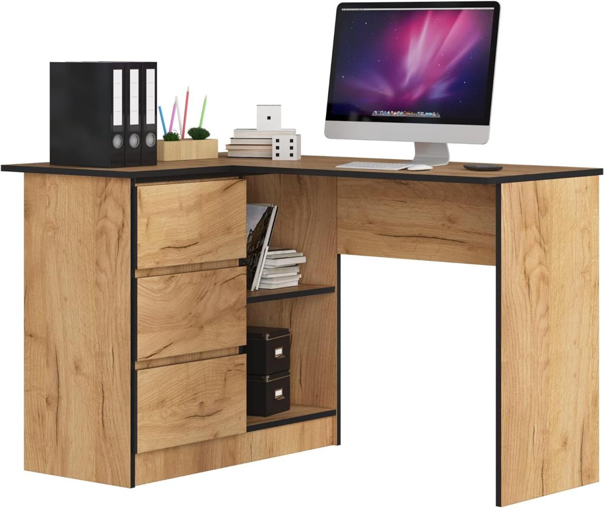 AKORD Eck-Schreibtisch B-16 mit 3 Schubladen und 2 Ablagen | Schreibtisch | ecktisch | Eck Schreibtisch für Home Office | Einfache Montage | B124 x H77 x T85, 48 kg Kraft Eiche Bild 1