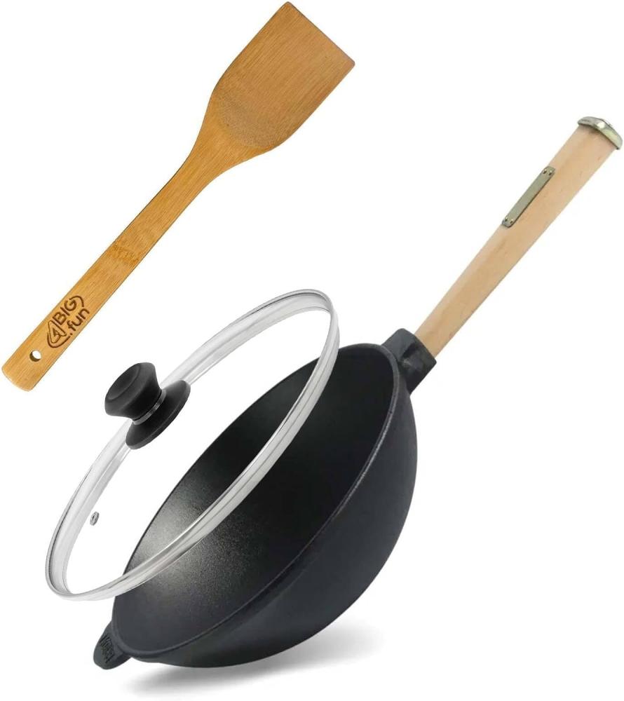 Wok Bratpfanne Ø26 cm 2,8 L aus Gusseisen mit Holzgriff Glasdeckel Asia Wokpfanne Induktion Pfannenwender Bild 1