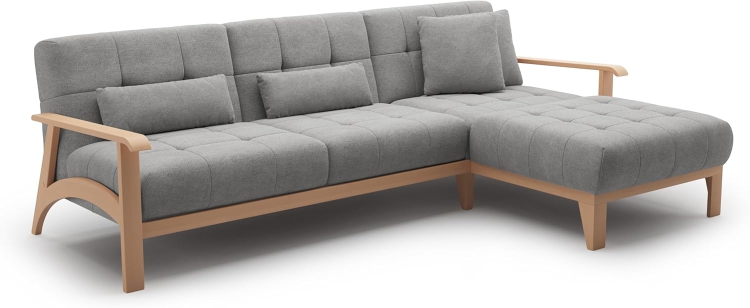 Cavadore Ecksofa Billan / Schlafsofa im skandinavischen Design mit Longchair, Bett und massivem Holzgestell in Buche / 264 x 88 x 183 / Mikrofaser, Grau Bild 1