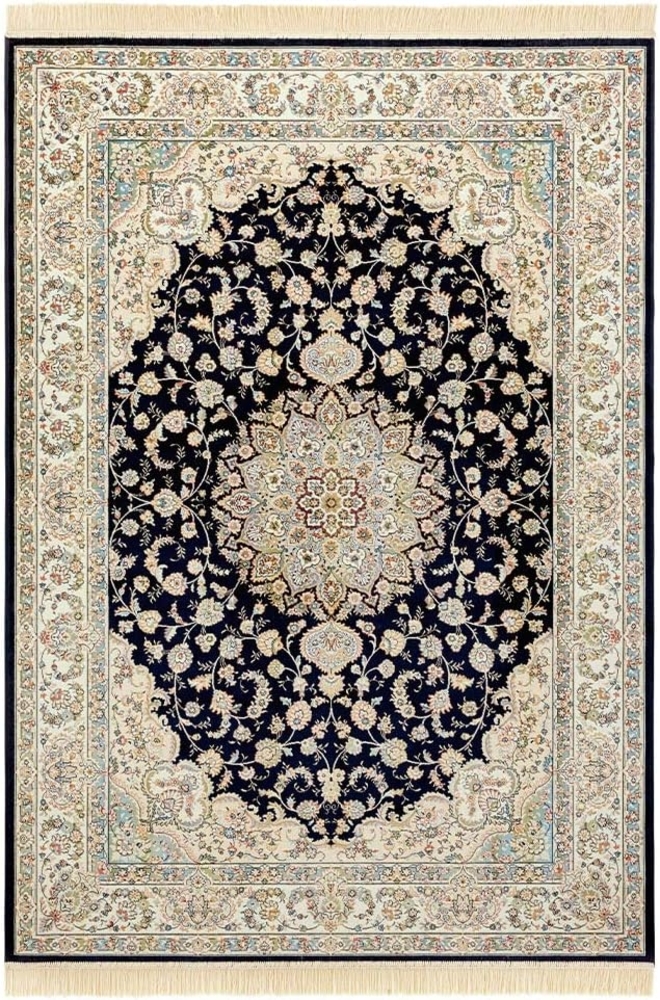 Orientalischer Samt-Teppich Fransen Antik Nain Dunkelblau Grün - 95x140x0,5cm Bild 1