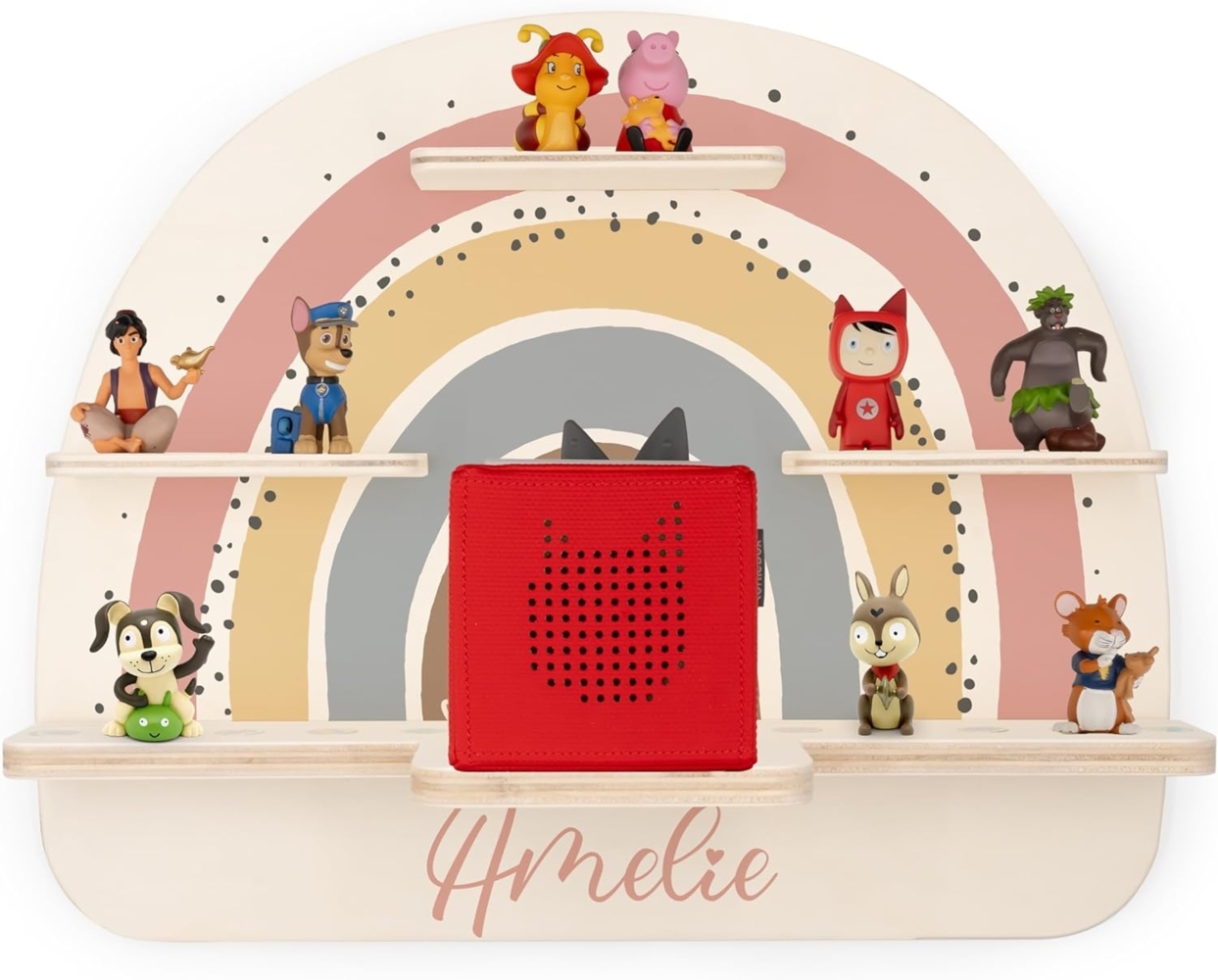 KIDSMOOD - Personalisiertes Tonie Regal für Kinderzimmer | Regenbogen Wand-Regal mit genügend Platz für Tonie-Hör-Figuren, Aussparung für Tonie-Musikbox & Kabelmanagement, Tonie Regal Mädchen & Jungen Bild 1