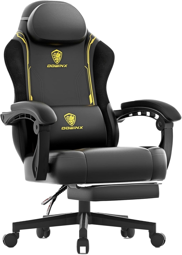 Dowinx Gaming Stuhl, Ergonomischer Gamer Sessel aus PU-Leder mit Lendenstütze, Massagefunktion und breiter Rückenlehne, Belastbar bis 150 kg, Gelb Bild 1