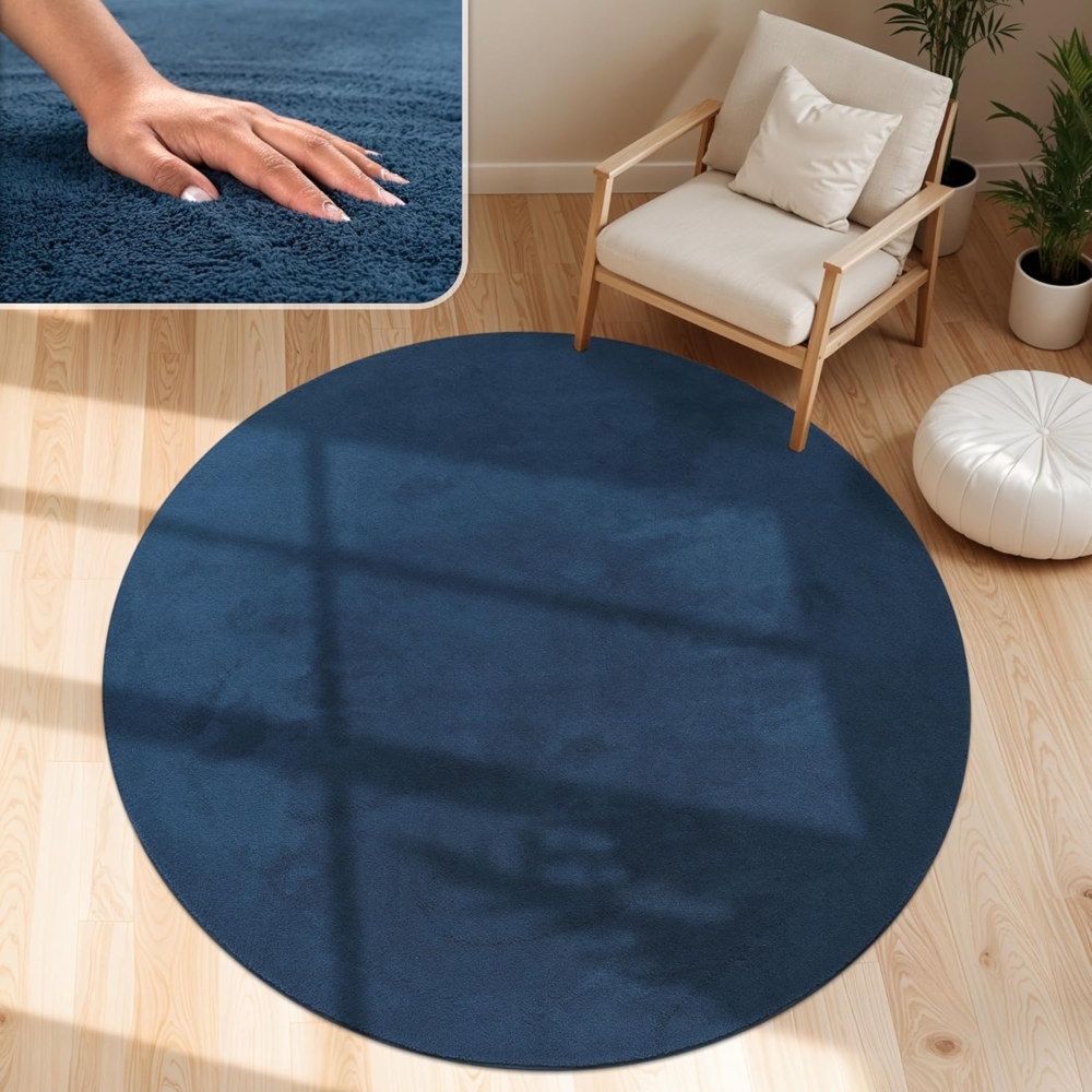 Paco Home Waschbarer Teppich Wohnzimmer Schlafzimmer Kurzflor rutschfest Flauschig Weich Moderne Einfarbige Muster, Grösse:160 cm Rund, Farbe:Navy-Blau Bild 1