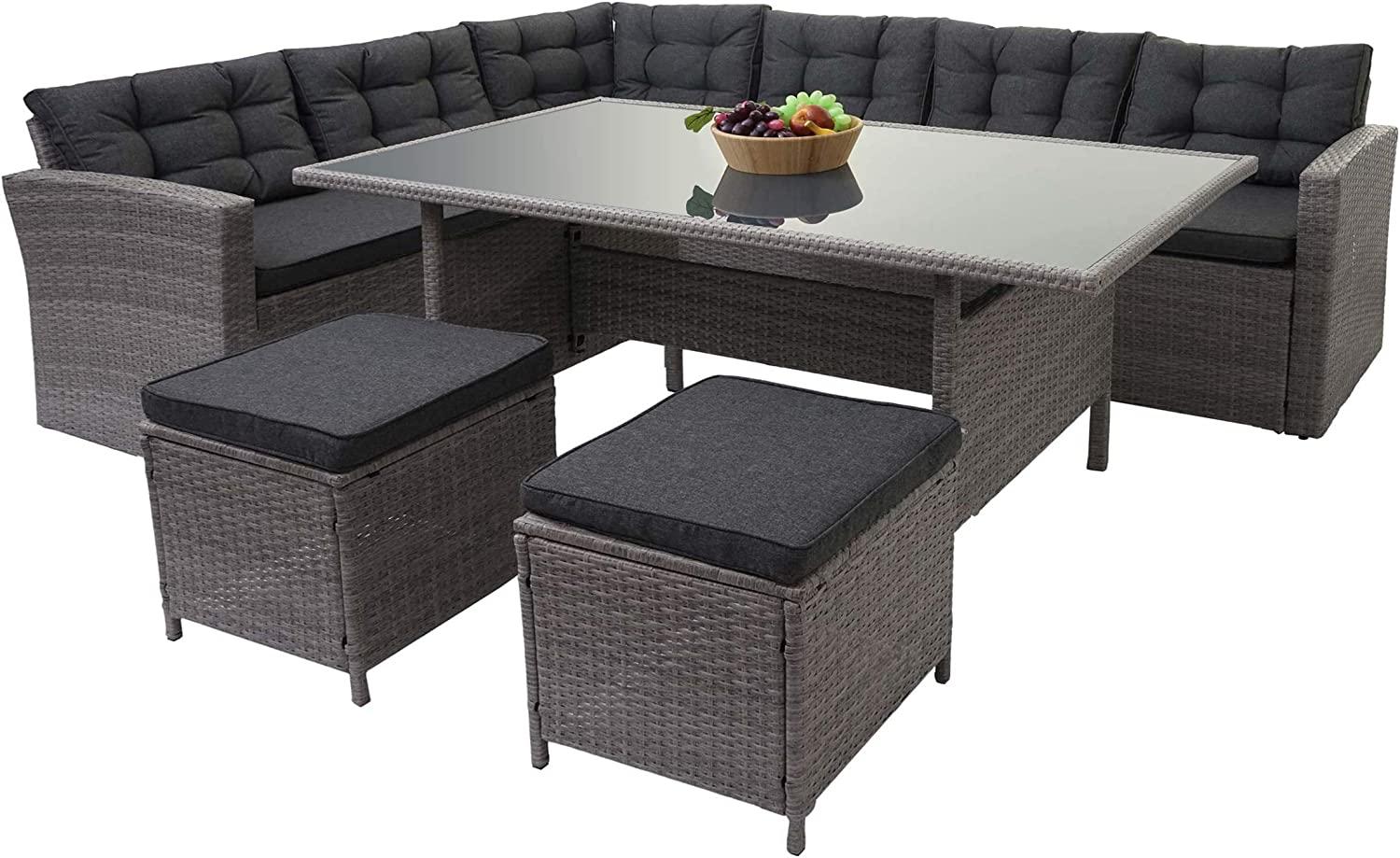 Poly-Rattan-Garnitur HWC-A29, Gartengarnitur Sitzgruppe Lounge-Esstisch-Set Sofa ~ grau, Kissen grau + 2x Hocker Bild 1