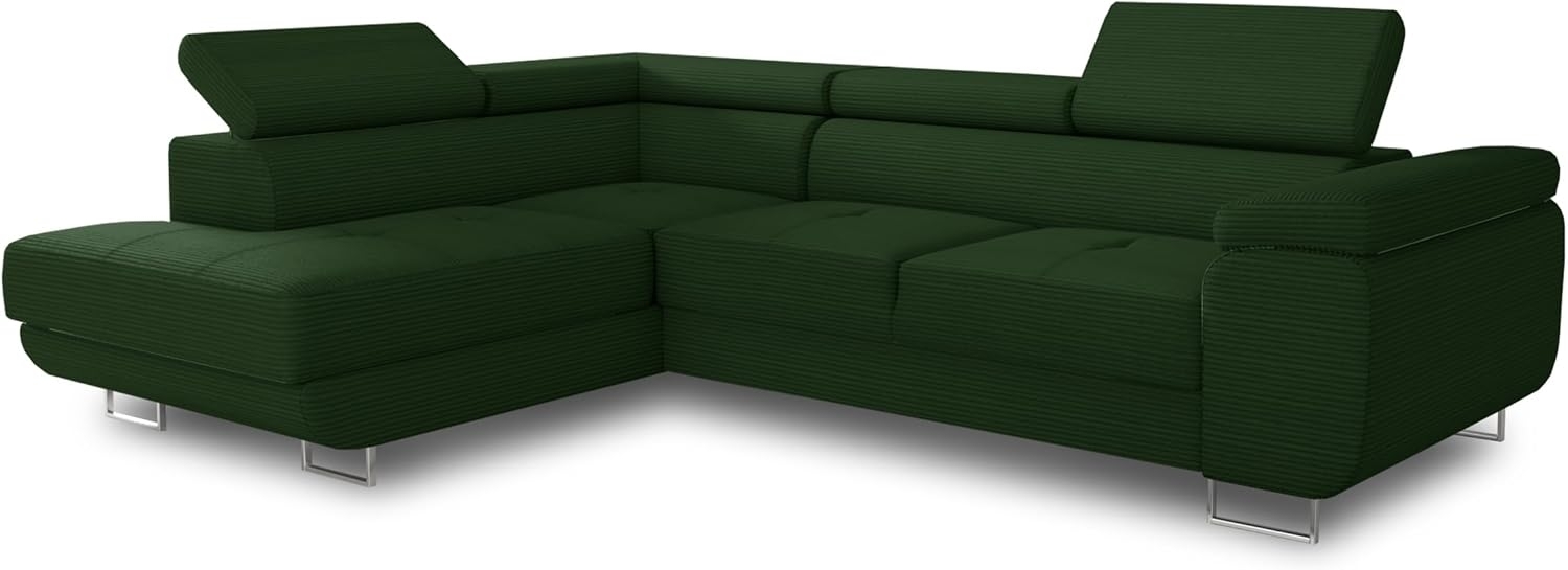 Ecksofa Caris mit Schlaffunktion und einstellbare Kopfstützen, Cord Stoff, Wohnlandschaft mit Bettkasten, Couch, Sofa, Bettsofa (Grün (Poso 014), Ecksofa Links) Bild 1