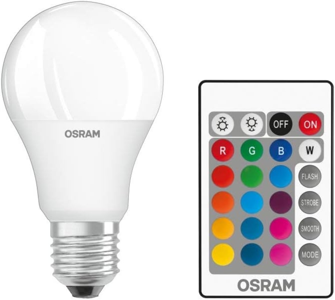 OSRAM STAR+ RGBW LED Lampe mit E27 Sockel, RGB-Farben per Fernbedienung änderbar, 9W, klassische Birnenform, Ersatz für 60W-Glühbirne, matt, LED Retrofit RGBW lamps with remote control, 4er-Pack Bild 1