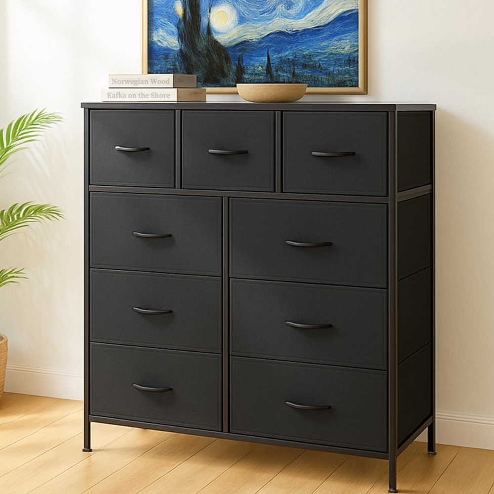 DUMOS Kommode mit Schubladen - Kommoden & Sideboards für Schlafzimmer Geeignet, Komodenschrank mit 9 Schubladen, Stoffkommode mit Stabilem Stahlrahmen, Ideal für Schlafzimmer, Wohnzimmer (Schwarz) Bild 1