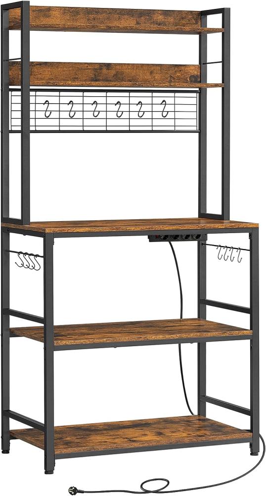 Vasagle Küchenregal, Küchenregal mit Steckdosen, Mikrowellen-Regal, mit Gitterplatte, 14 Haken, 40 x 80 x 170 cm, vintagebraun-schwarz Bild 1