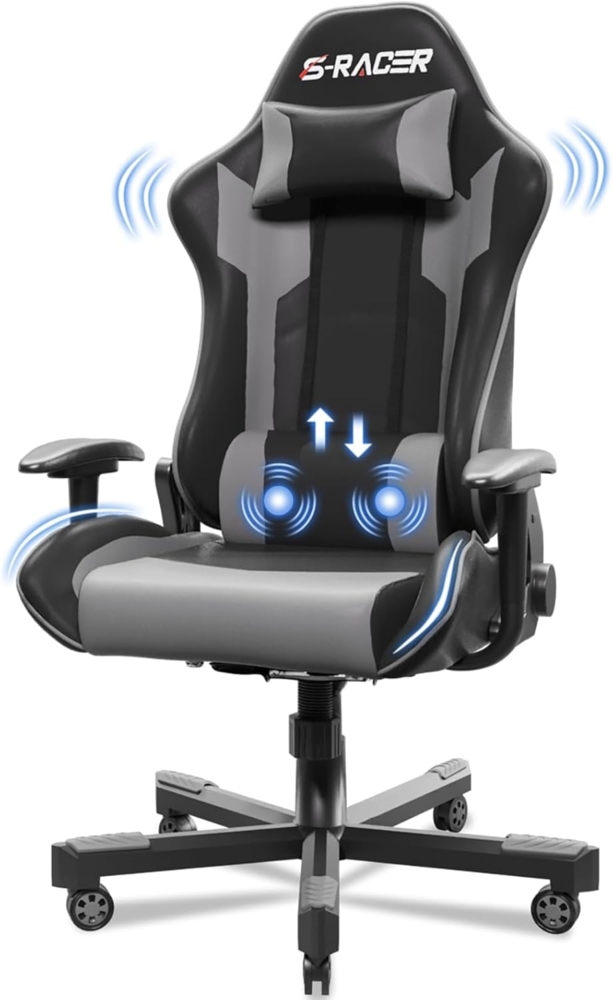 JUMMICO Massage Gaming Stuhl, Bürostuhl Ergonomisch mit Lendenwirbelstütze, Computerstühle Racing Bürostühle Gaming Sessel,Schreibtischstuhl 150kg Belastbarkeit, DunkelGrau Bild 1