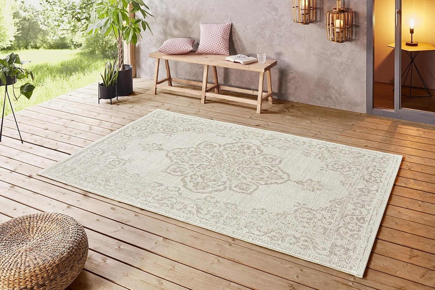 NORTHRUGS In- und Outdoor Teppich 80x150 cm - Wetterfest Orientalisch Vintage-Design mit Medallion Läufer Terrassenteppich Balkonteppich Küchenläufer Badteppich Wohnzimmerteppich Wasserfest in Beige Bild 1