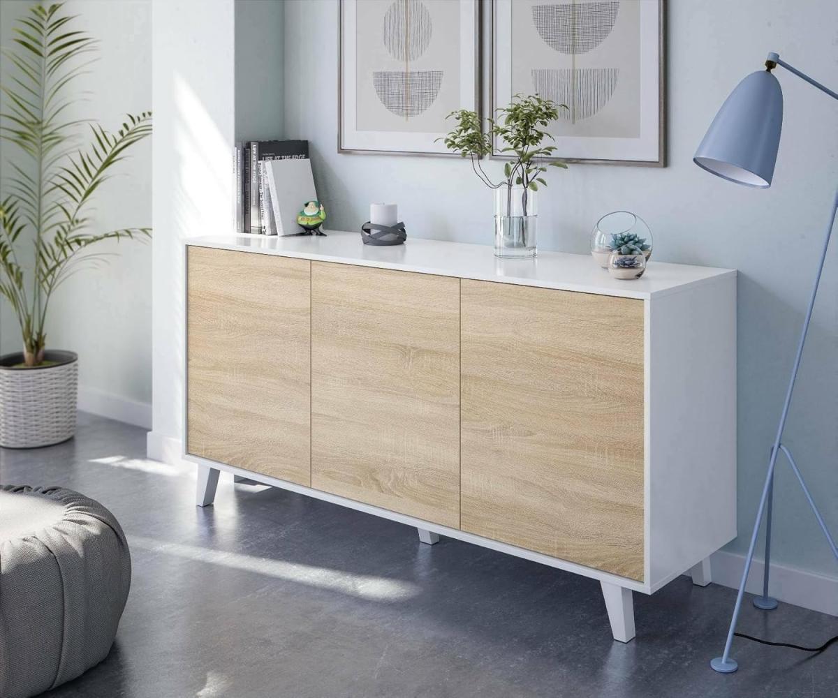 Dmora Sideboard mit drei Türen und drei Regalen, Eichenfarbe und Hochglanzweiß, Maße 154 x 41 x 75 cm Bild 1