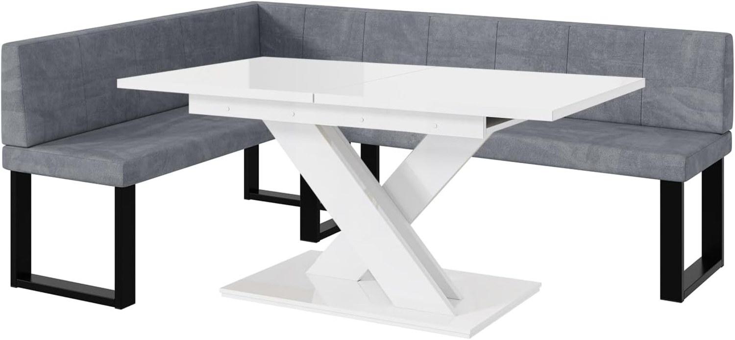 MEBLINI Eckbank für Esszimmer mit ausziehbarem Tisch - Küchenbank - Essecke - Sitzecke Küche - PETER - U-Beine 142x196x87cm Links - Grau Samt/B Weiß Hochgl. Bild 1