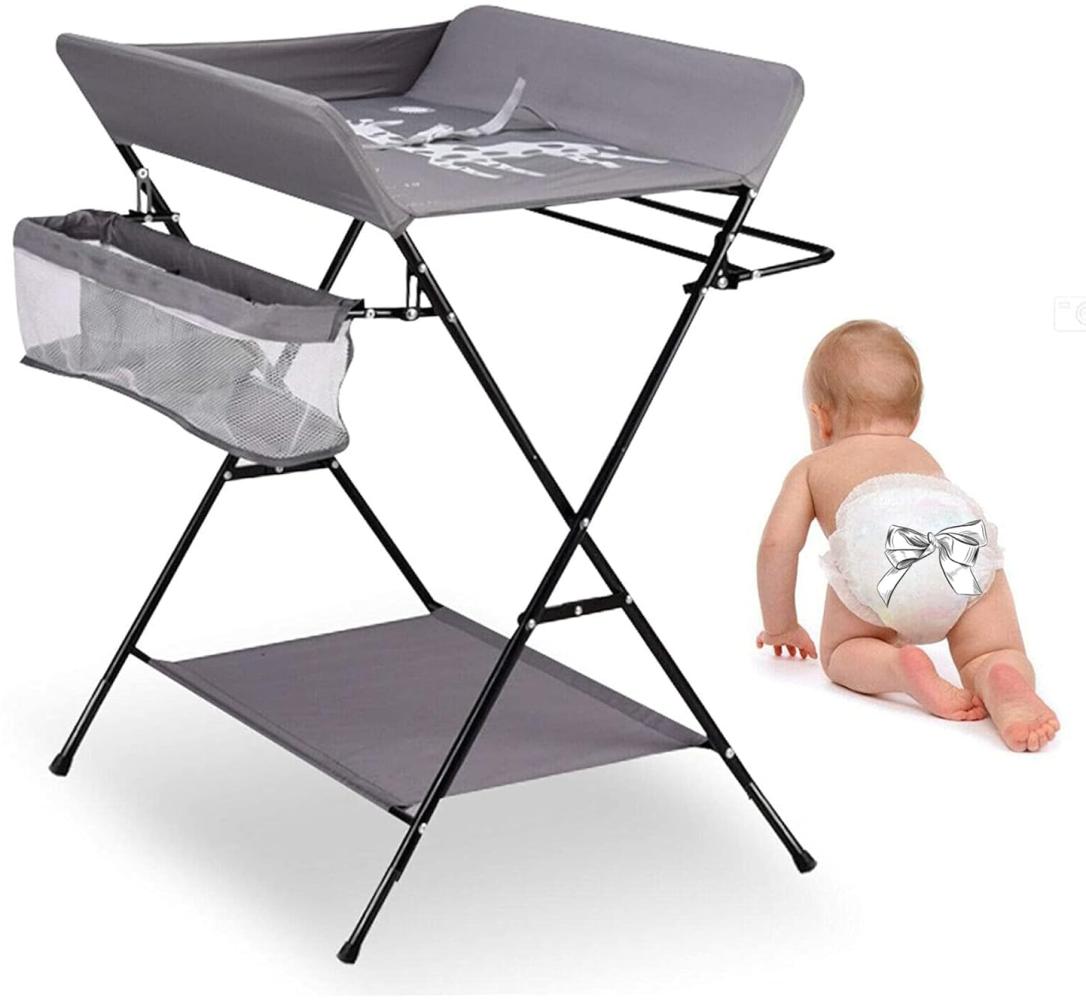 Wickelkommode, faltbar, für Babys, beweglicher Wickeltisch mit Sicherheitsgurt und Aufbewahrungsfächern, Wickelkommode, ergonomisches Design (grau) Bild 1