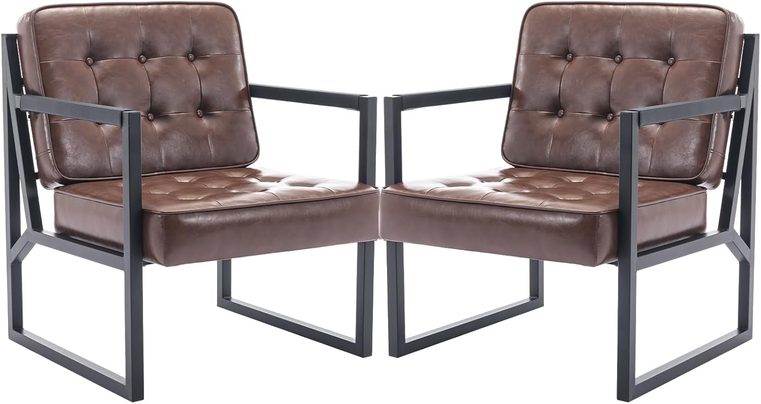 COLAMY Mid Century Modern ohrensessel 2er Set, Bequeme lounge sessel, Brauner Leder Accent Chair, Kunstleder Empfangssessel mit Metallbeinen für Wohnzimmer Schlafzimmer Empfangsraum Wartezimmer, Brown Bild 1