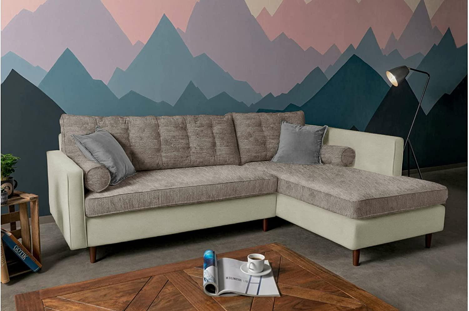 Stylefy Nelvan Ecksofa Strukturstoff BERLIN Kunstleder MADRYT Hellbraun Beige Rechts Bild 1