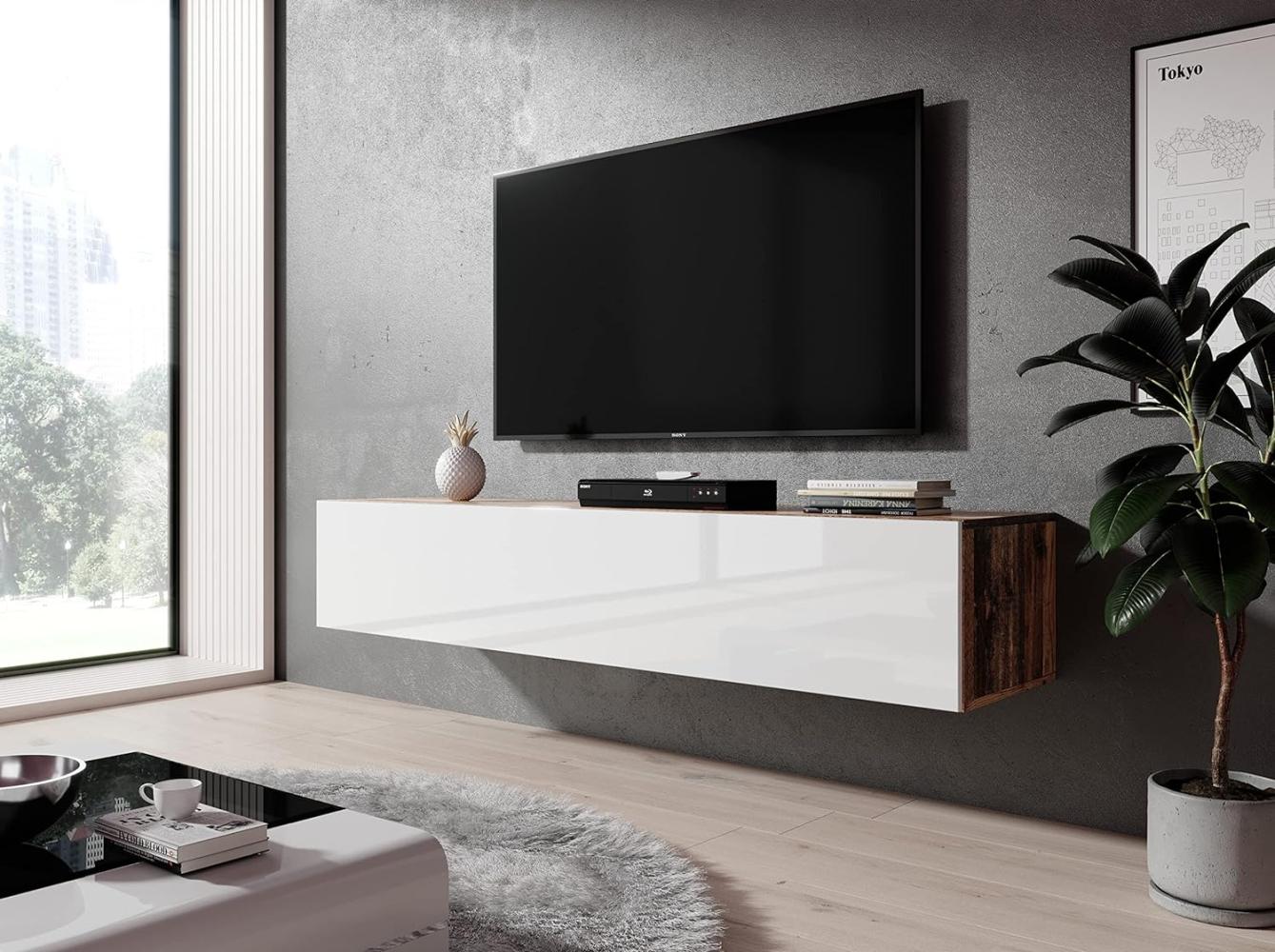 Furnix TV Kommode Zibo Fernsehschrank B160 x H34 x T34 cm - TV-Schrank hängender Lowboard Sideboard, 2 Ablagen mit Klappen, max. Belastung bis 30 kg, Wandmontage, Glänzend Schwarz Bild 1