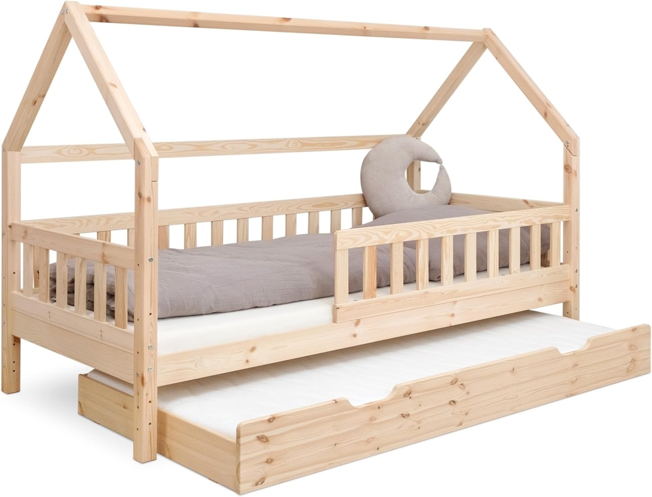 Ehrenkind Hausbett aus nachhaltigem Kiefernholz (mit abnehmbarem Rausfallschutz aus nachhaltigem Holz, Erhältlich in Natur und Weiß Kinderbett 80x160/90x200 cm), höhenverstellbar, nachhaltiges Kiefernholz, hergestellt in Europa Bild 1