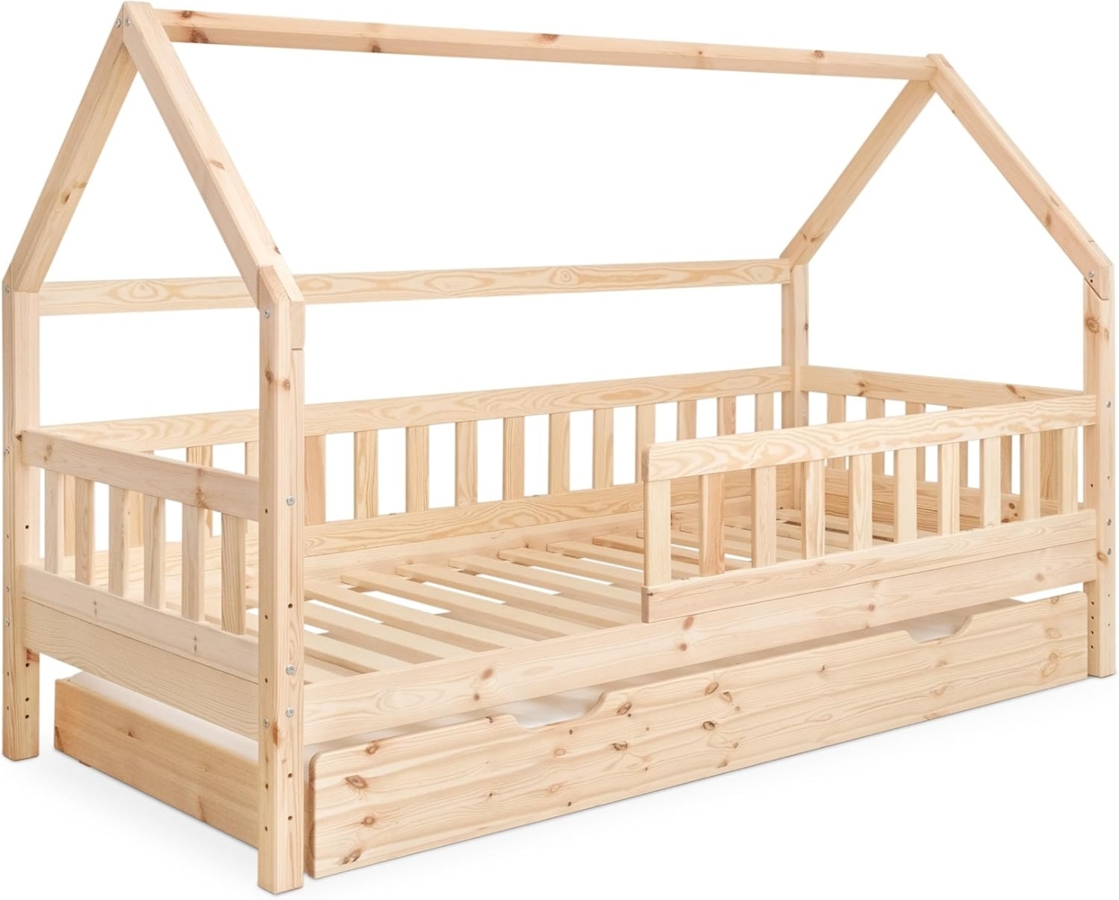 Ehrenkind Hausbett aus nachhaltigem Kiefernholz (mit abnehmbarem Rausfallschutz aus nachhaltigem Holz, Erhältlich in Natur und Weiß Kinderbett 80x160/90x200 cm), höhenverstellbar, nachhaltiges Kiefernholz, hergestellt in Europa Bild 1