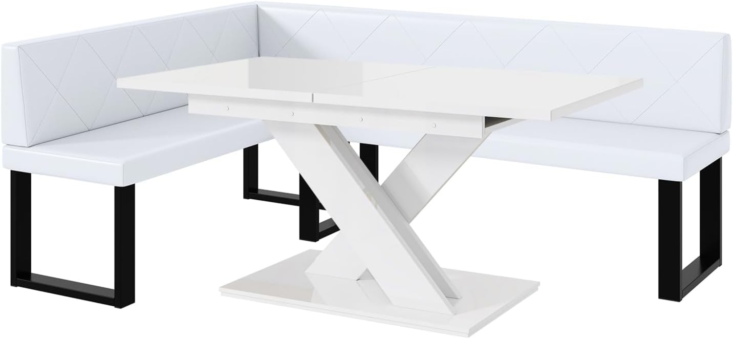 MEBLINI Eckbank für Esszimmer mit ausziehbarem Tisch - Küchenbank - Essecke - Sitzecke Küche - ERIC - U-Beine 142x196x87cm Links - Weiß Kunstleder/B Weiß Hochgl. Bild 1