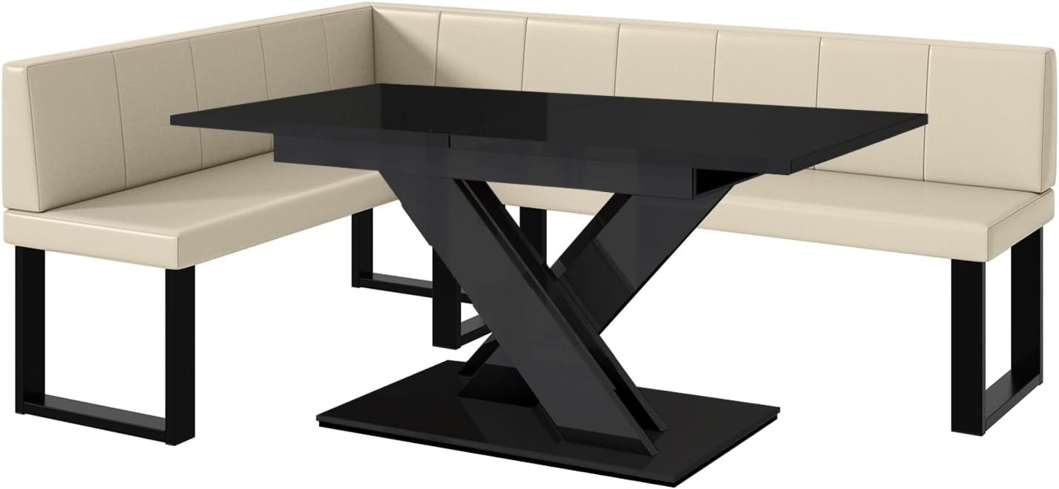 MEBLINI Eckbank für Esszimmer mit ausziehbarem Tisch - Küchenbank - Essecke - Sitzecke Küche - PETER - U-Beine 142 x 196 x 87 cm Links - Creme Kunstleder/B Schwarz Hochgl. Bild 1