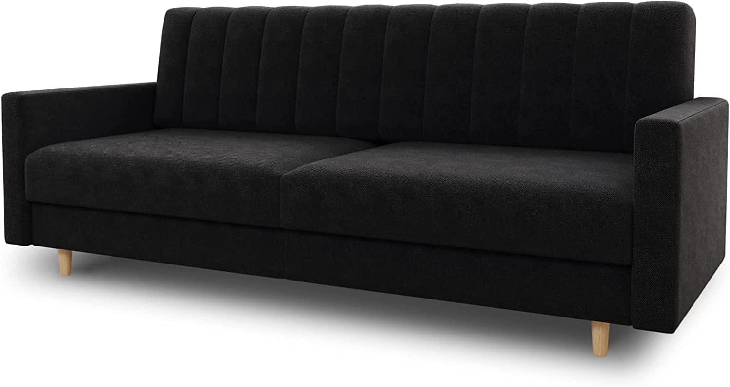 Schlafsofa Sara - Sofa mit Schlaffunktion und Bettkasten, Bettsofa mit Wellenfeder, Schlafcouch mit Holzfüße, Couch vom Hersteller, Couchgarnitur, Velours (Schwarz (Kronos 07)) Bild 1