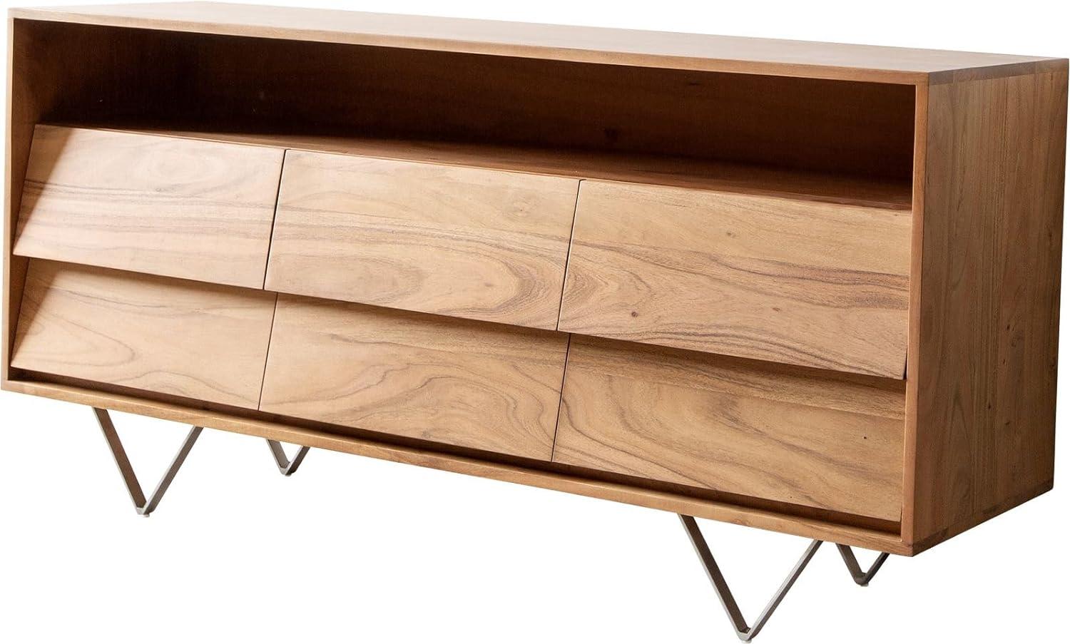 Sideboard Eloi 145x40 cm Akazie Natur 6 Schubladen V-Fuß Edelstahl Bild 1