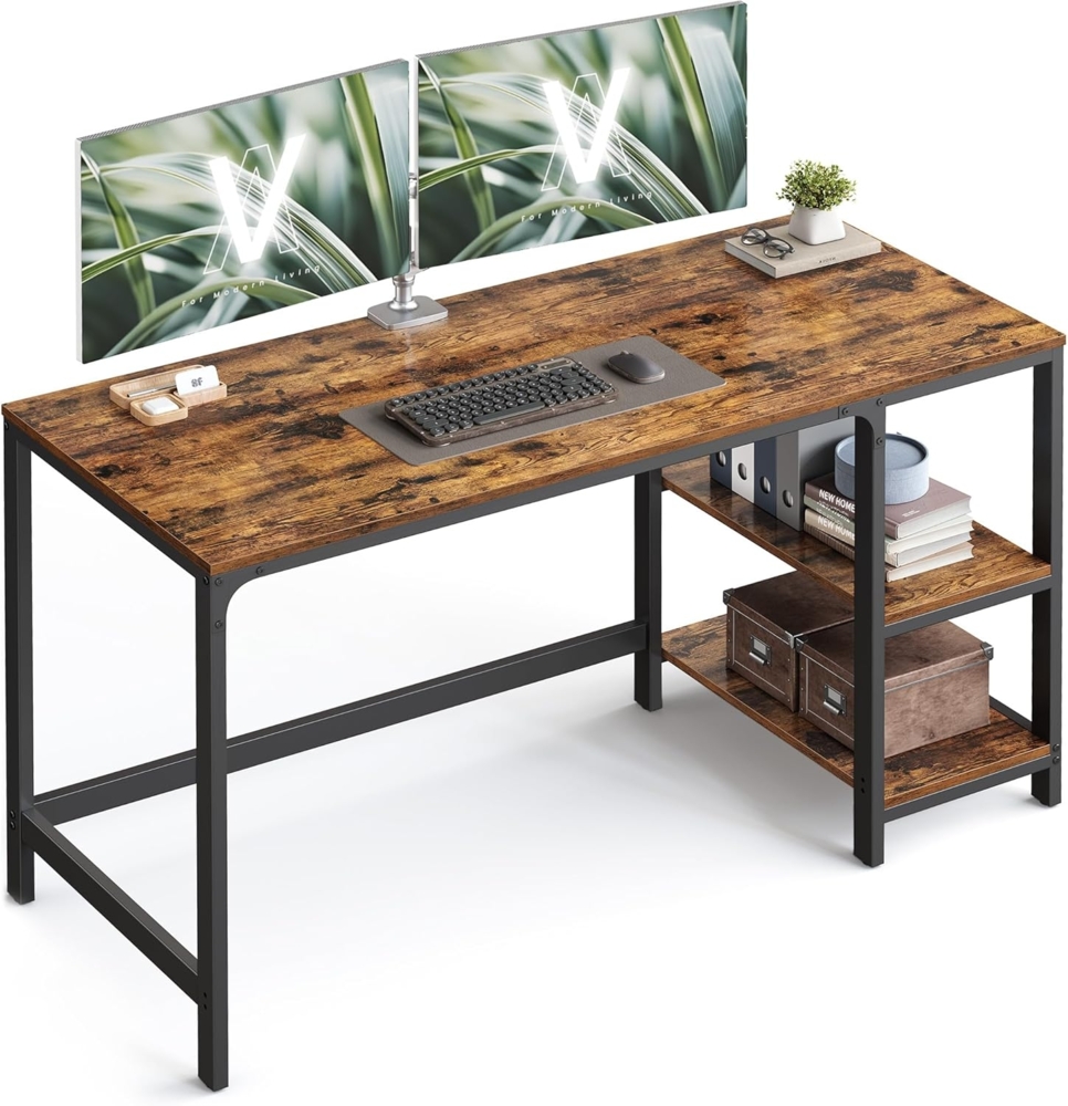 Vasagle Schreibtisch, Computertisch, PC-Tisch, Bürotisch, mit 2 Ablagen auf der rechten oder linken Seite, fürs Büro, Wohnzimmer, Stahlgestell, Industrie-Design, vintagebraun-schwarz von Songmics LWD55X Bild 1