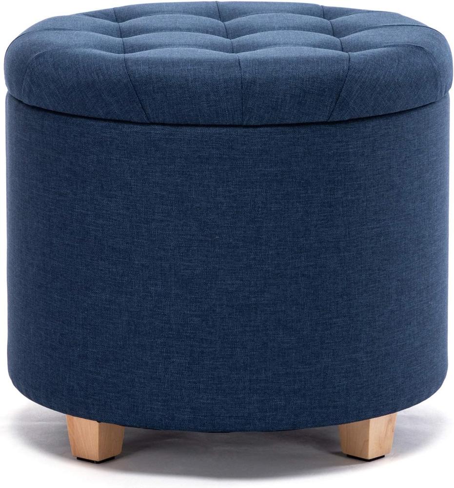 HNNHOME Sitzhocker mit Stauraum, Sitz rund mit Deckel, Sitztruhe, Fußbank Truhen Aufbewahrungsbox, Leinen, 44 L, 45 x 45 x 41 cm, Marineblau Bild 1