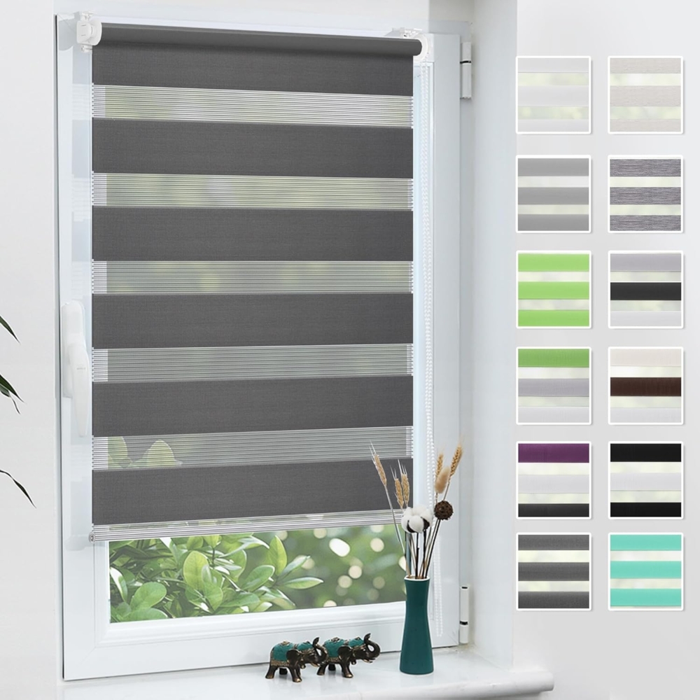 Grandekor Doppelrollo Klemmfix ohne Bohren Anthrazit 80x150 cm(Stoffbreite 76cm) Fenster Rollos für innen Klemmrollos Duo Rollos für Fenster ohne Bohren mit Bohren Privatschutz UV-Schutz Zebrarollo Bild 1