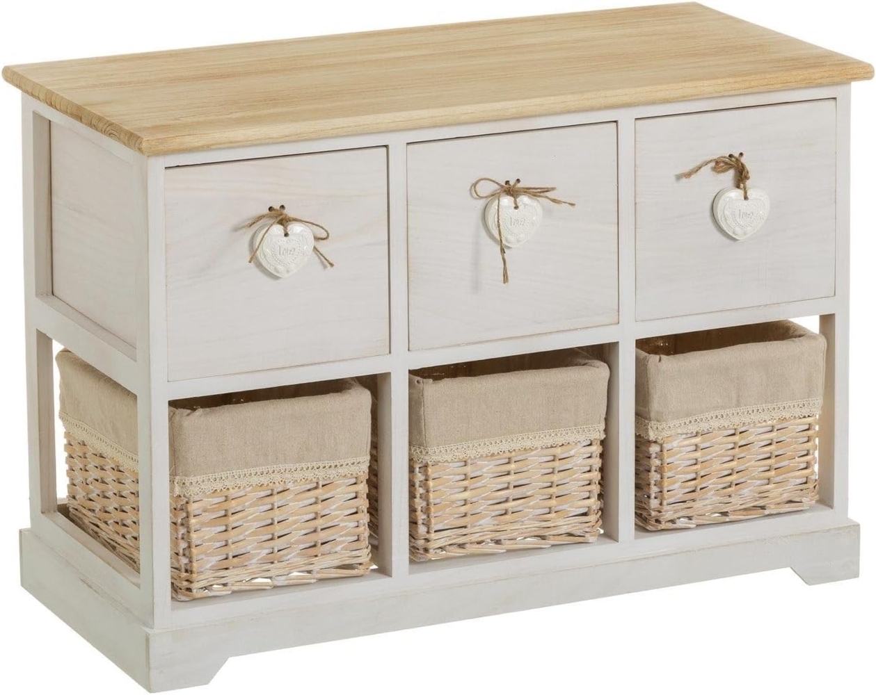 DRW Möbelstück mit 3 Schubladen und 3 Körben aus Holz und Korbgeflecht in Natur und Creme Bild 1