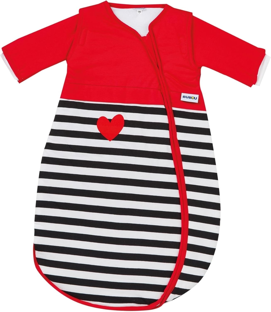 Gesslein Baby Schlafsack Bubou, Schlafsack mit Temperaturregulierung (langer Reißverschluss, 90), schwarz-weiß Streifen rot mit Herz Motiv Bild 1